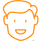 Simple orange line drawing of a smiling male face representing a dental patient or professional.