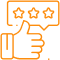 Thumbs up hand with three stars above, representing positive customer review and satisfaction rating.