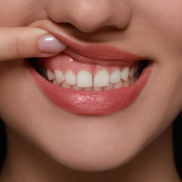 Close-up of person's smile showing healthy teeth and gums during dental examination.